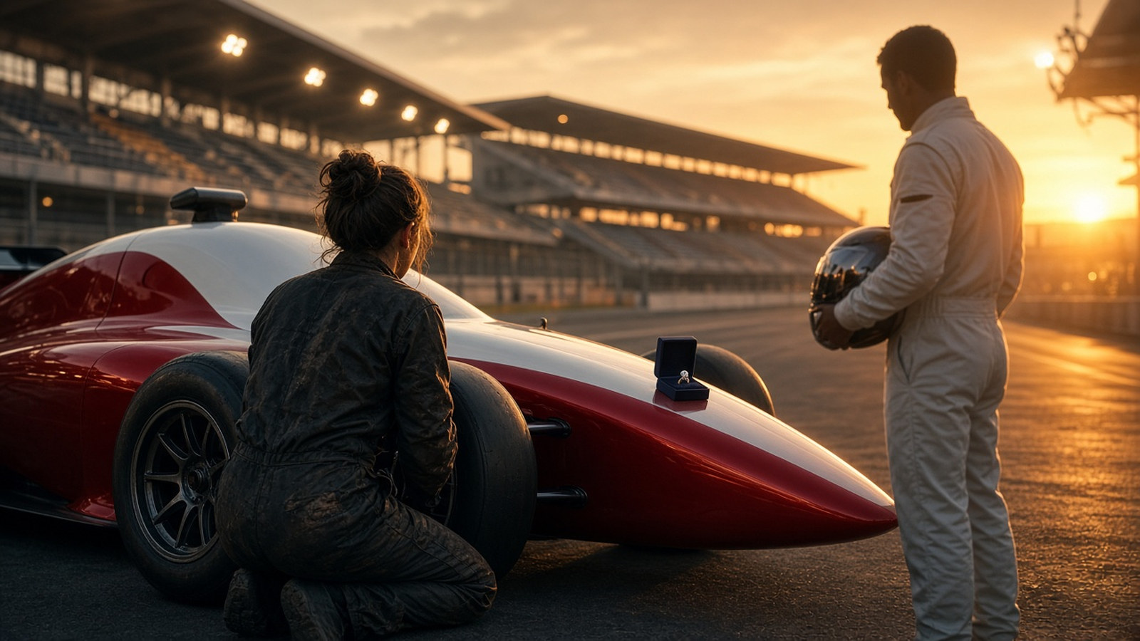 AI artwork of a race mechanic in team overalls kneeling beside an unbranded red and white single-seater in a floodlit pit lane at dusk, a racing driver holding his helmet nearby and an open ring box resting on the car's nose