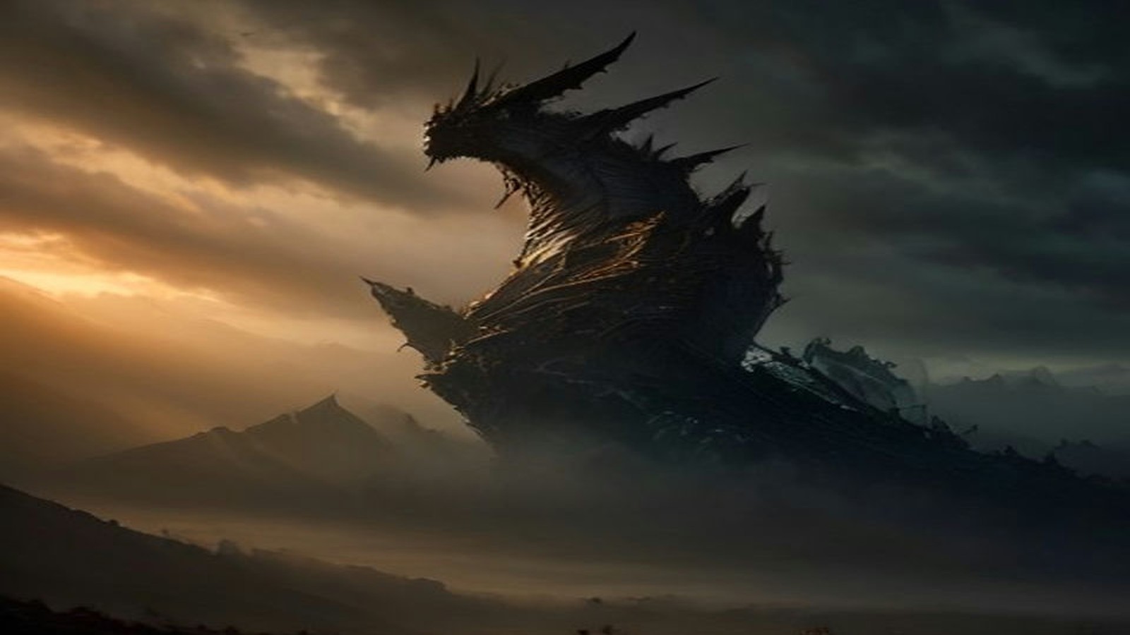 AI artwork of a vast dark dragon rising over misty mountains under a stormy golden sky