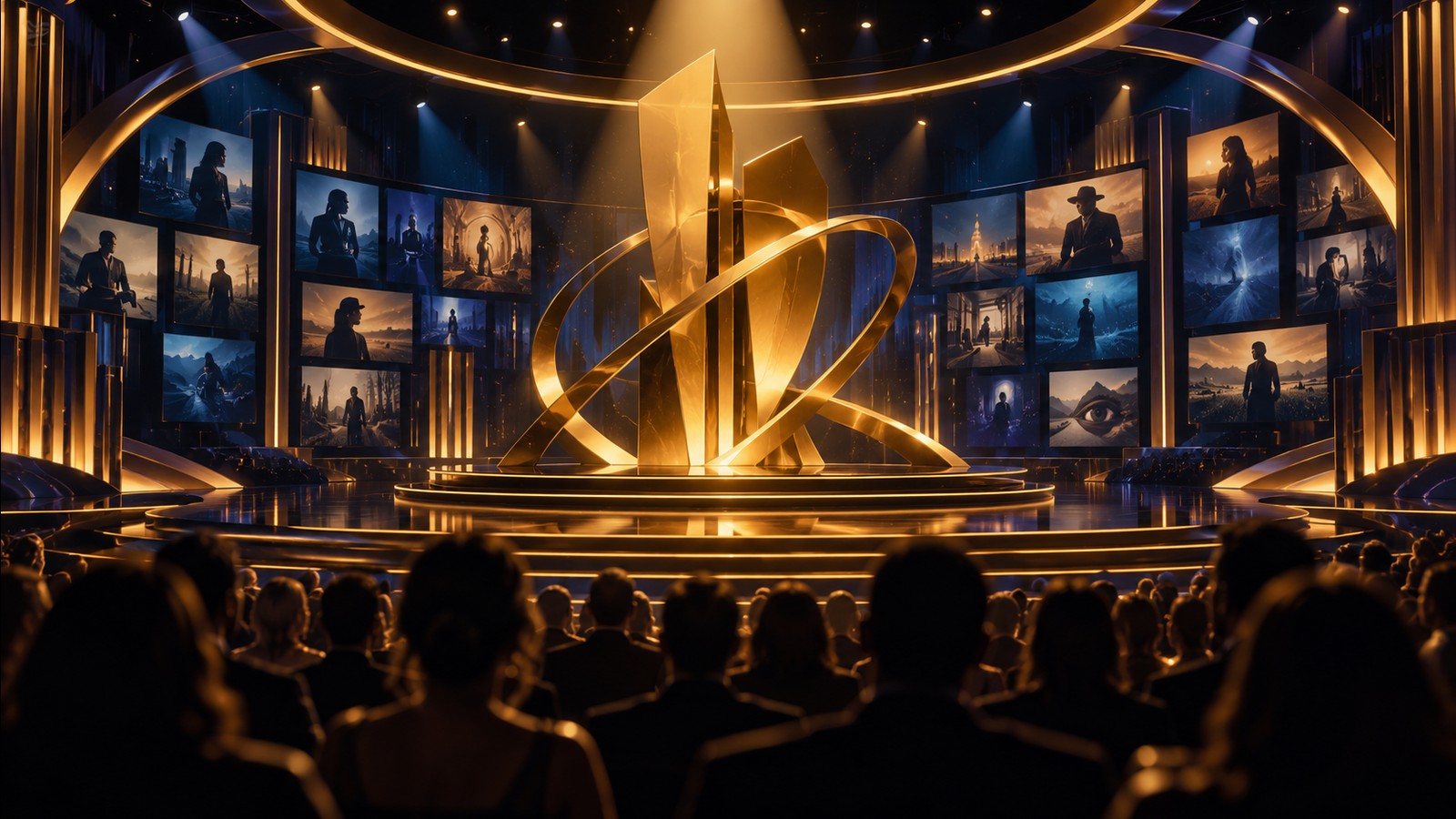 Original illustration of a golden television awards stage and audience silhouettes