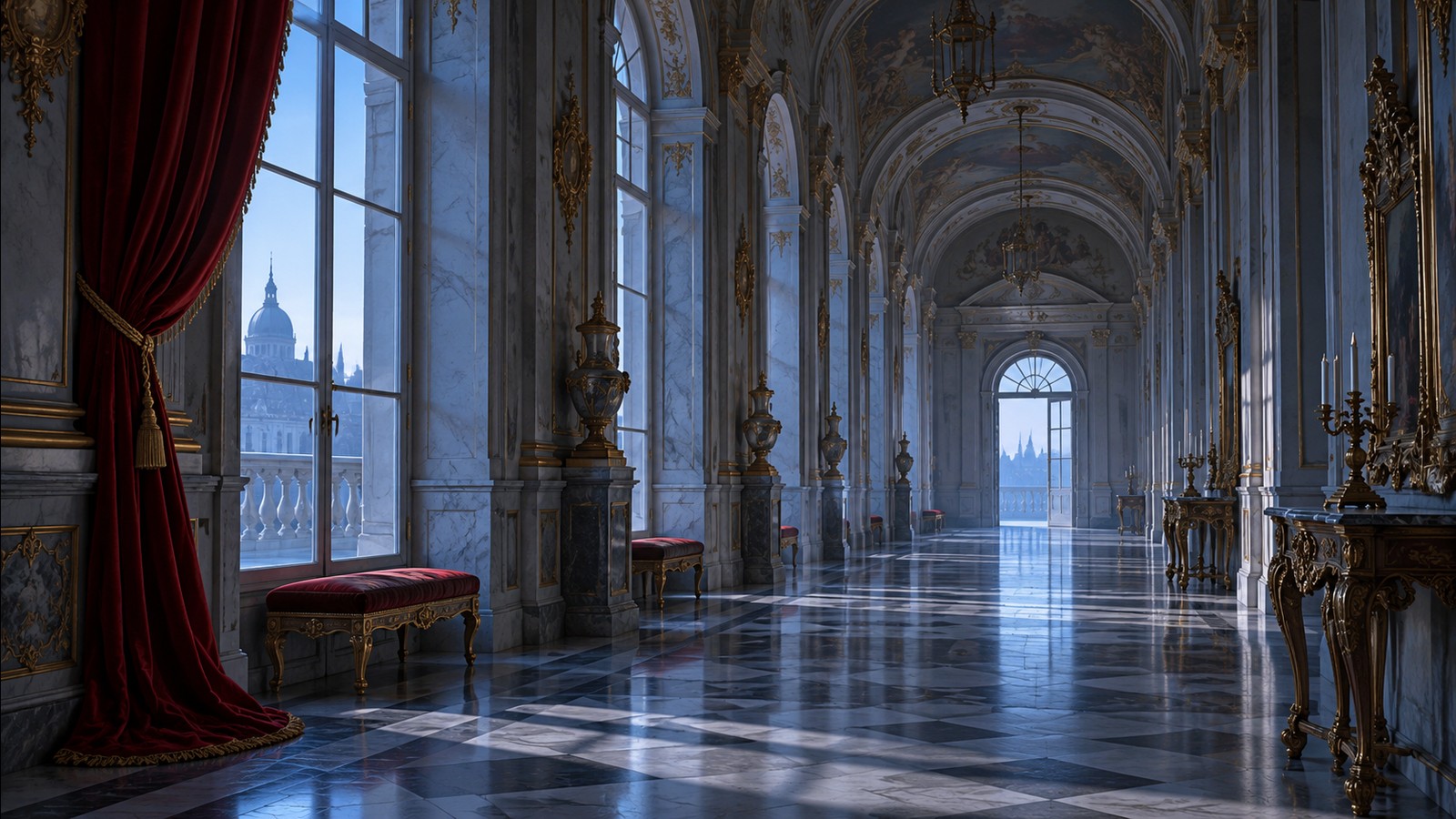 Original illustration of an empty imperial palace corridor with a red velvet curtain
