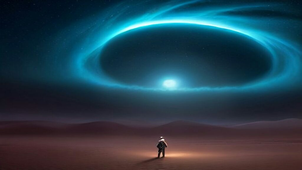 AI artwork of a glowing blue vortex swirling in the night sky above desert dunes, with a lone traveller below