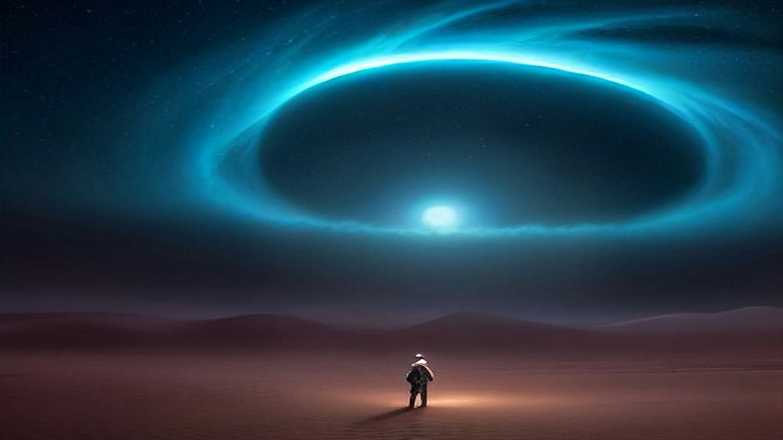 AI artwork of a glowing blue vortex swirling in the night sky above desert dunes, with a lone traveller below