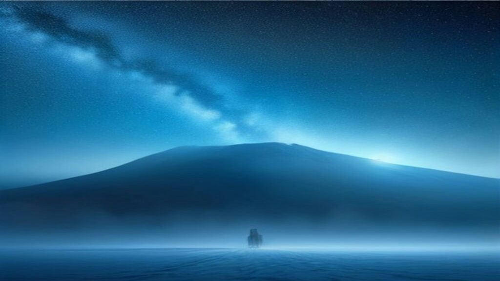 AI artwork of a lone silhouette on an icy plain beneath a starry nebula and towering mountain
