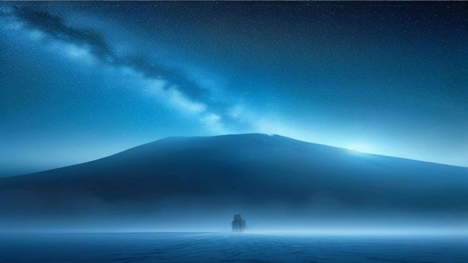AI artwork of a lone silhouette on an icy plain beneath a starry nebula and towering mountain