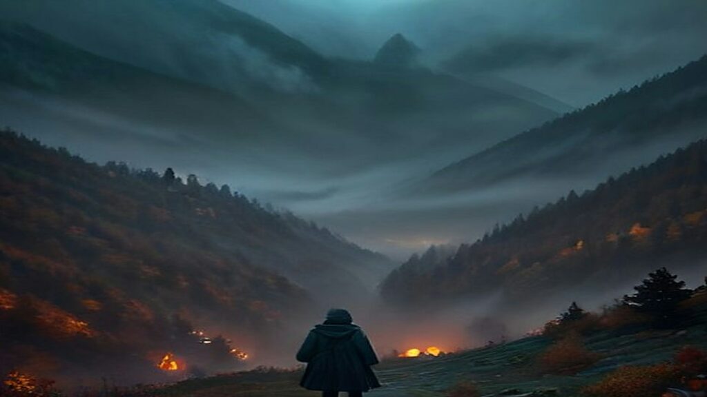 AI artwork of a hooded traveller in a misty autumn mountain valley at dusk, with small fires glowing below
