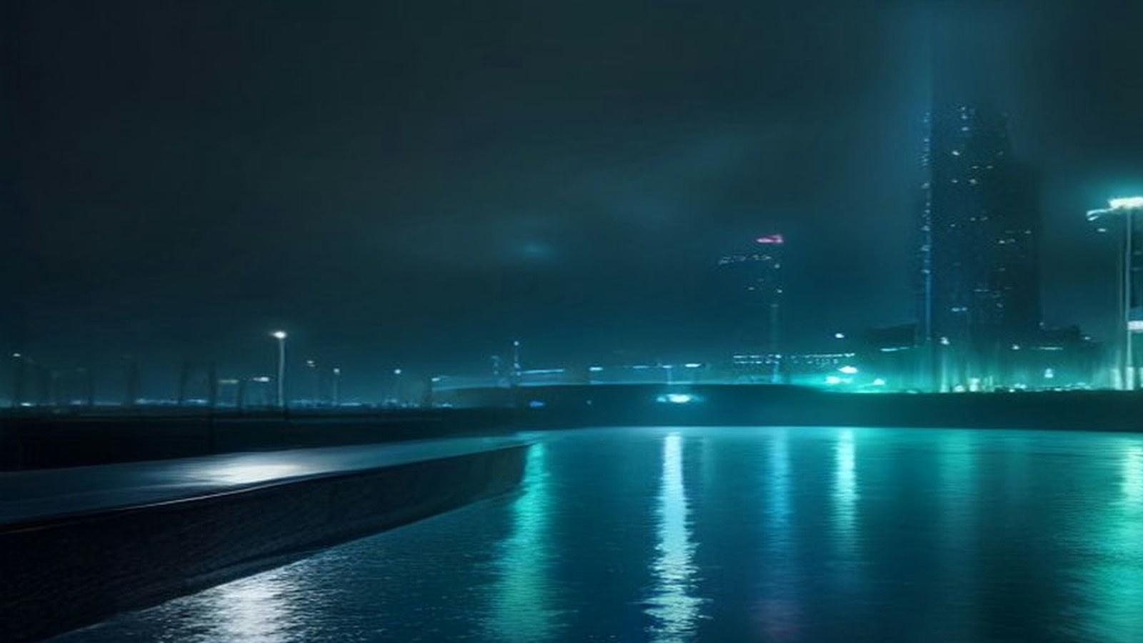 AI artwork of a rain-soaked waterfront at night, with a glowing tower and blue-green light reflected in the water, evoking a secret sci-fi base beneath a city bay