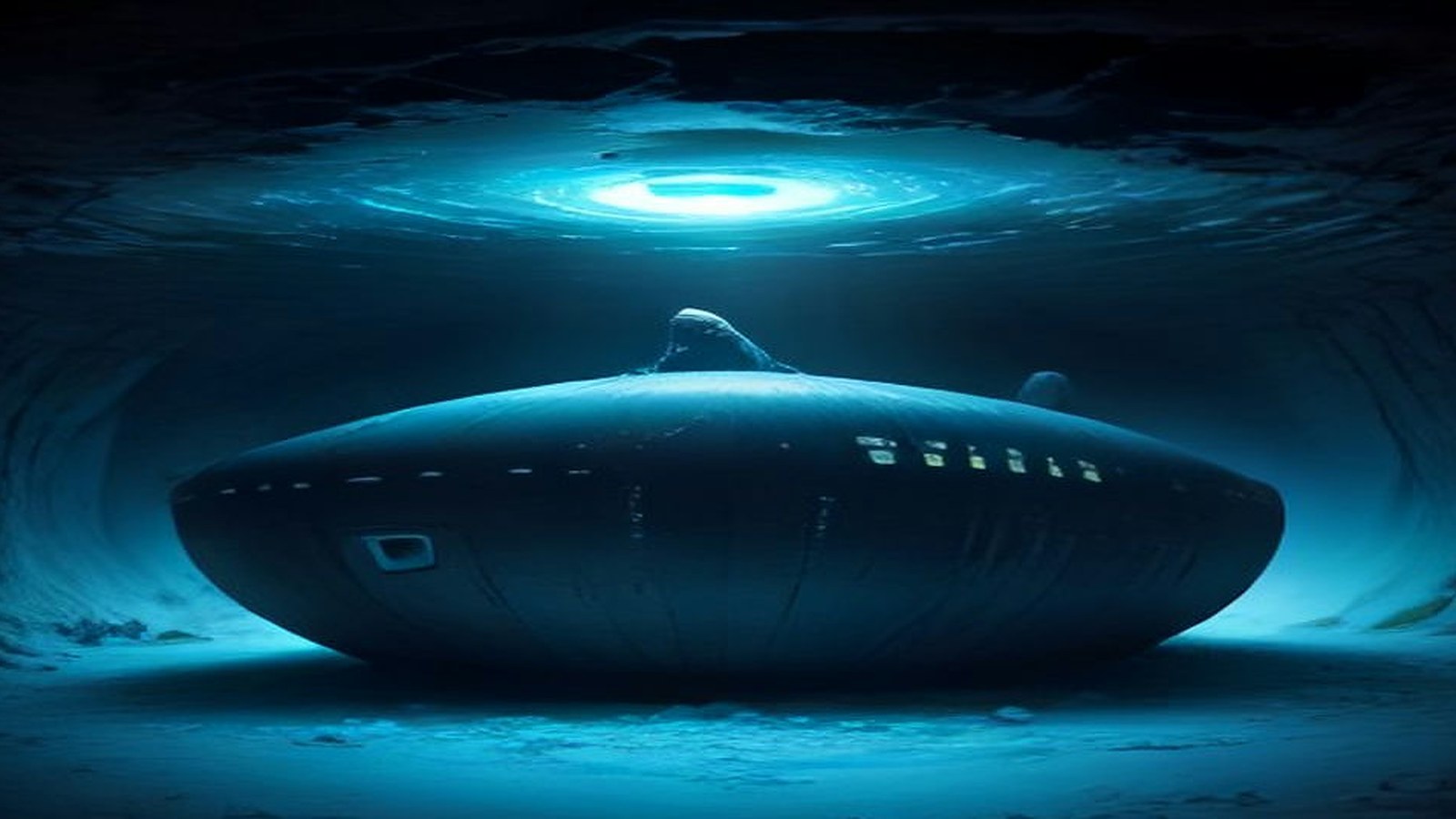AI artwork of a dark retro-futuristic submarine resting in a vast blue-lit ice cavern beneath the sea, with light glowing through the frozen ceiling