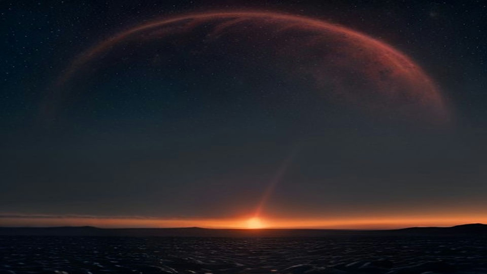 AI artwork of a vast red planet arcing across a starry sky above a dark, barren alien plain, with a sliver of orange light on the horizon
