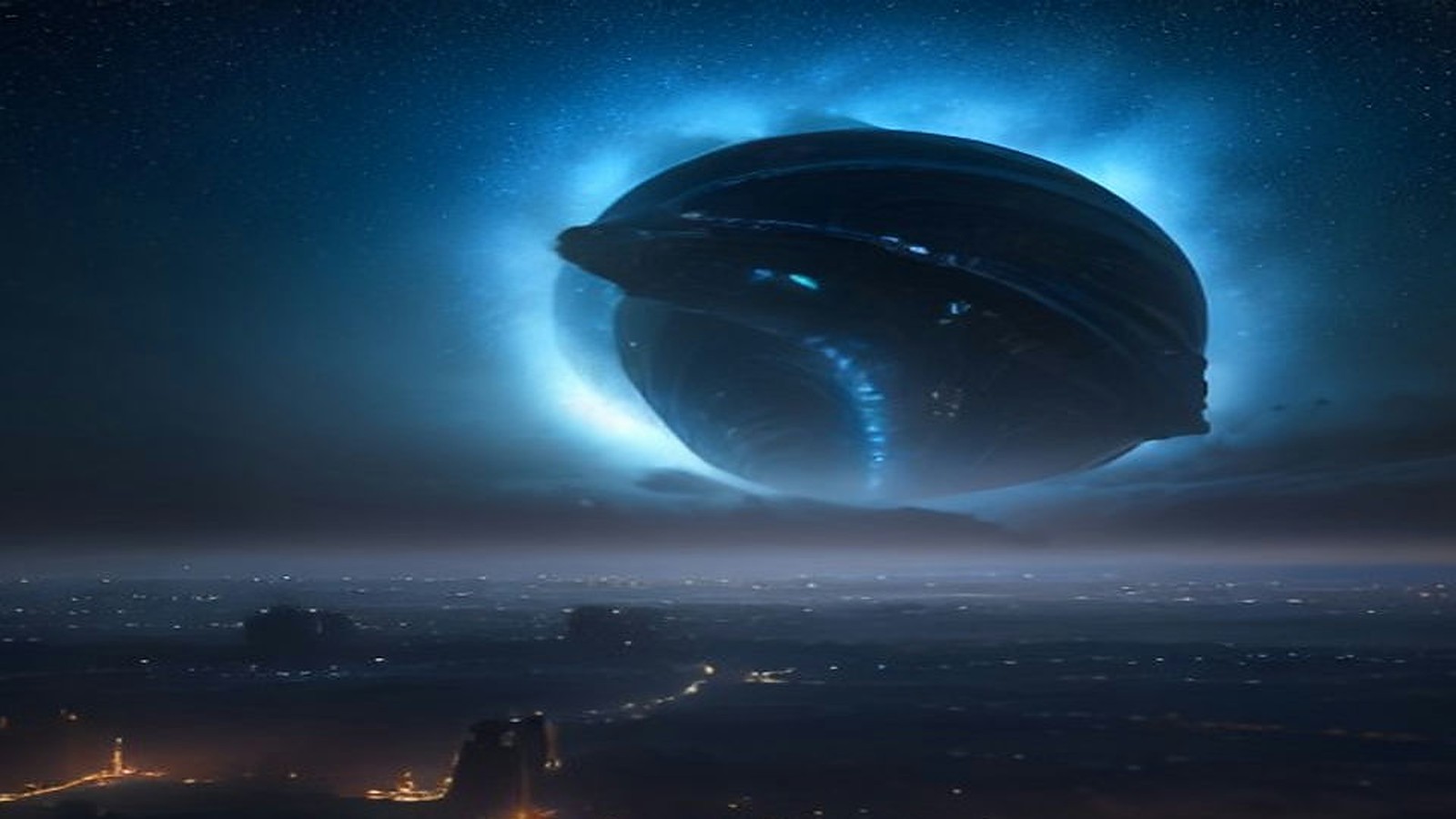 AI artwork of a vast dark alien spacecraft ringed with blue light hanging in a starry night sky above the misty, glowing lights of a city