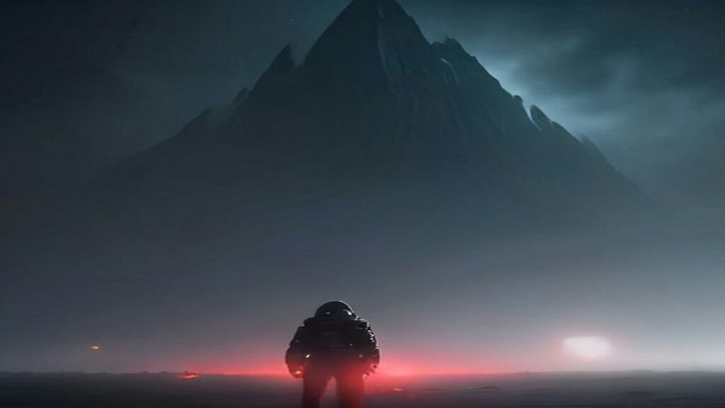 AI artwork of a lone astronaut silhouetted against a red glow on a misty alien plain beneath a dark mountain