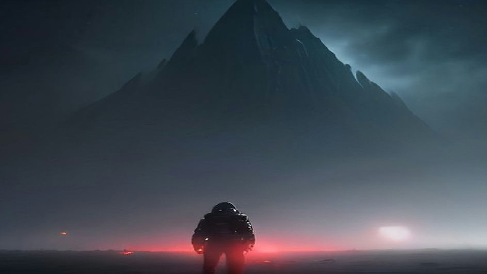 AI artwork of a lone astronaut silhouetted against a red glow on a misty alien plain beneath a dark mountain