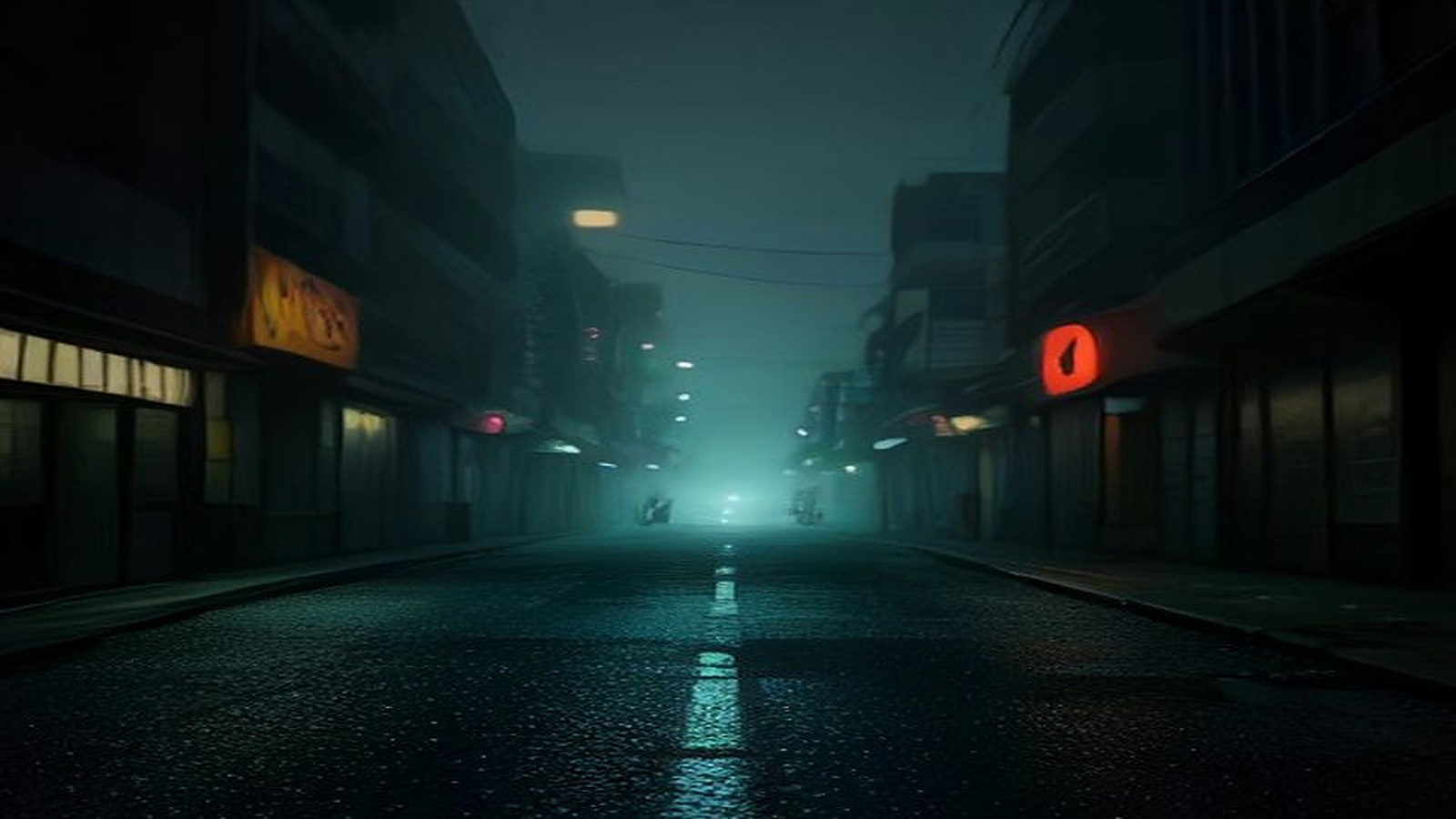 AI artwork of a deserted, fog-filled city street at night, lit by a few neon signs and a single red light