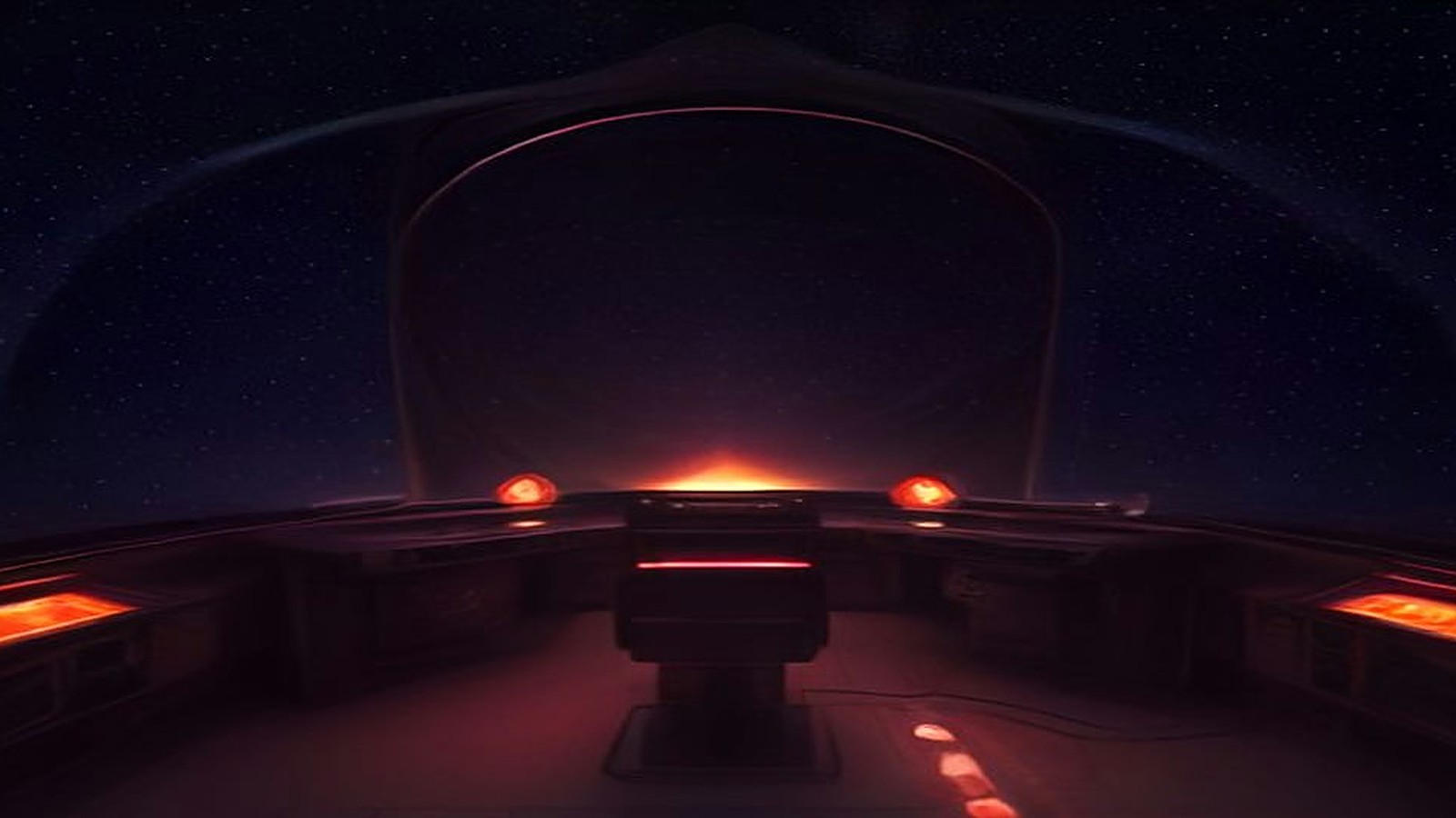 AI artwork of an empty navigator's chair at a glowing retro starship bridge console, with a starfield beyond the viewscreen