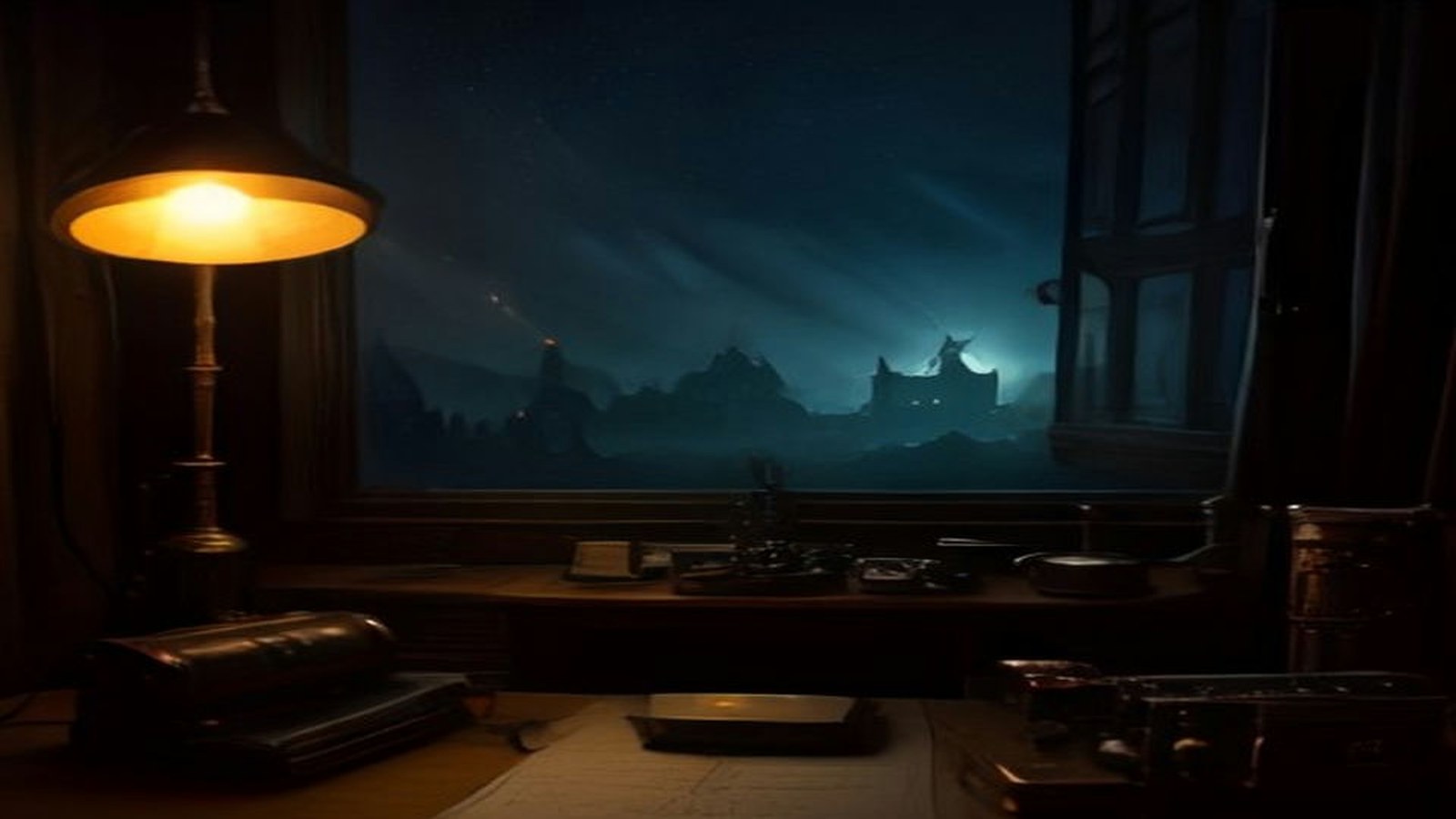 AI artwork of a lamplit gothic study with an old desk, and a ruined citadel glowing under a dark sky beyond the window