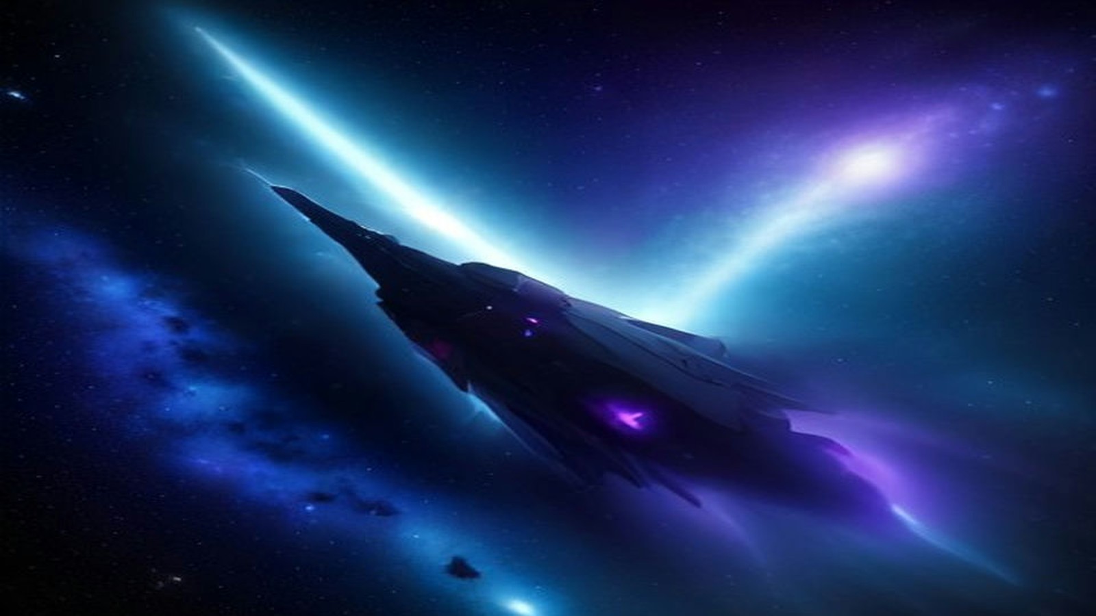AI artwork of a sleek grey starship drifting through a purple and teal nebula as a brilliant flash of light streaks past it