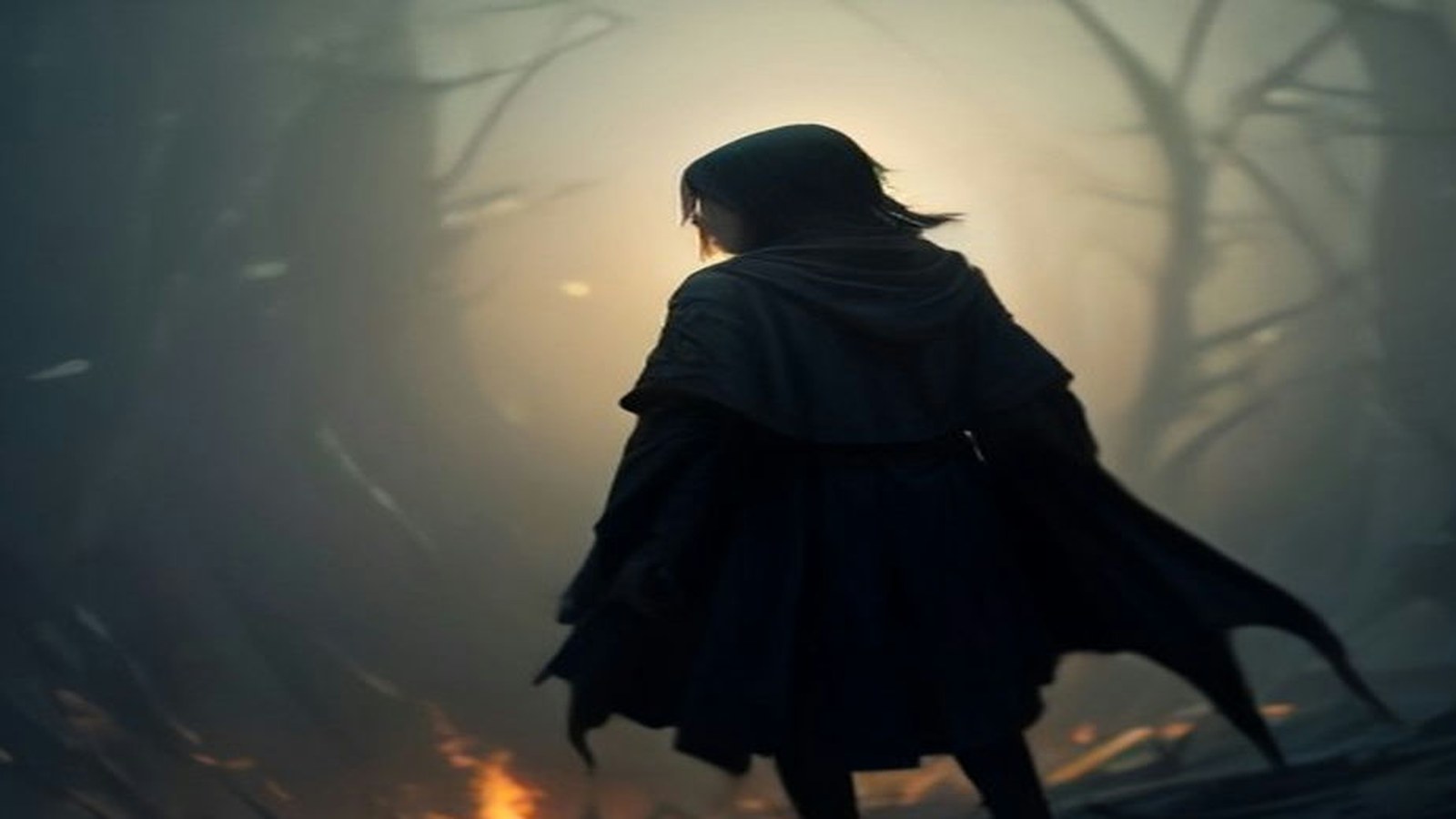 AI artwork of a hooded young woman in a dark cloak walking through a misty forest at dawn as embers glow around her