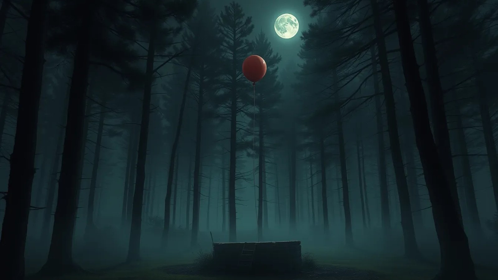 AI artwork of a misty pine forest at night under a full moon, with a single red balloon floating above an old stone well