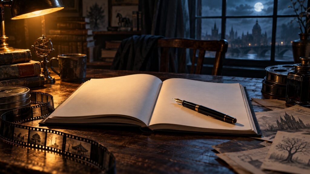 Conceptual illustration of a blank screenplay and pen on a lamplit desk beside film reels