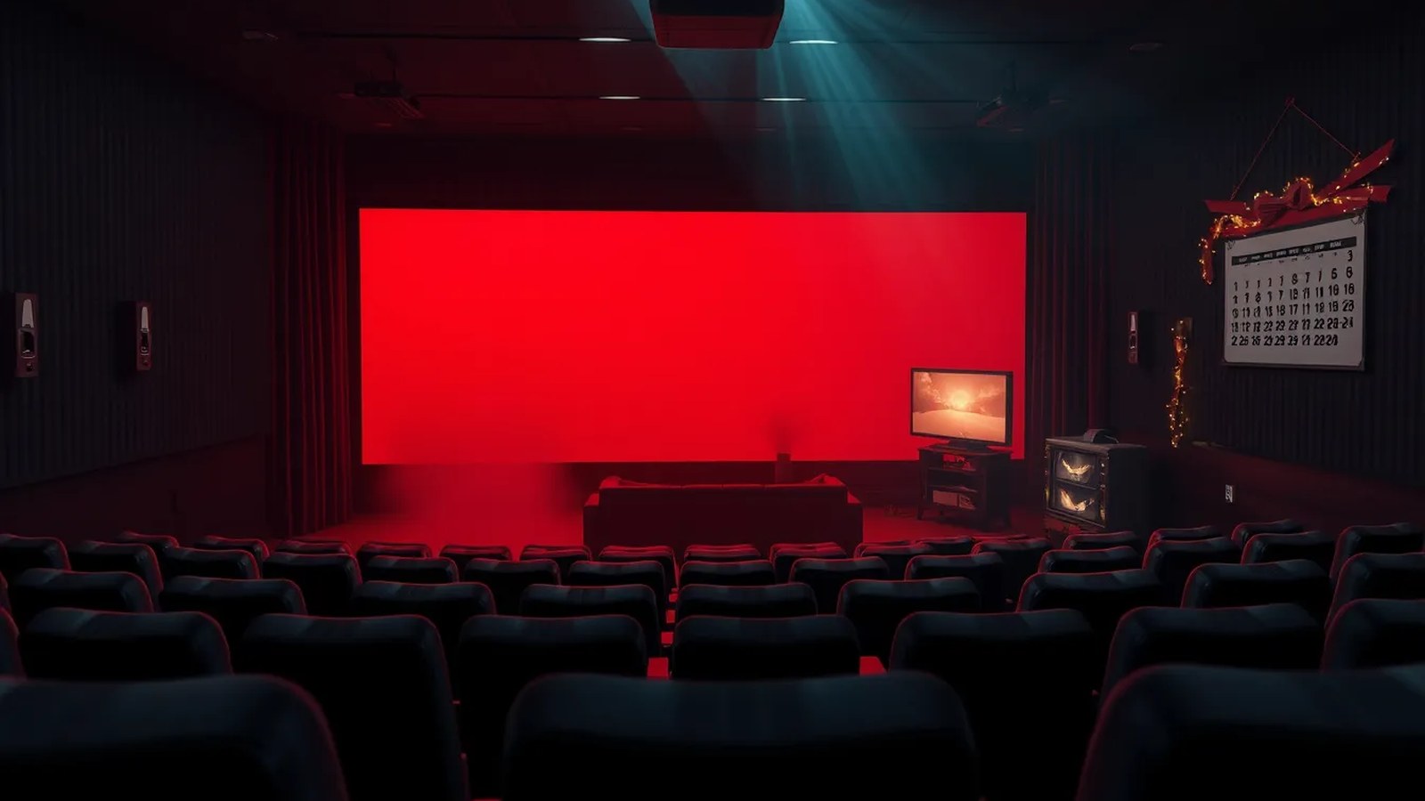 AI artwork of a dark cinema auditorium with rows of empty seats facing a glowing red screen, a television and a sofa at the front