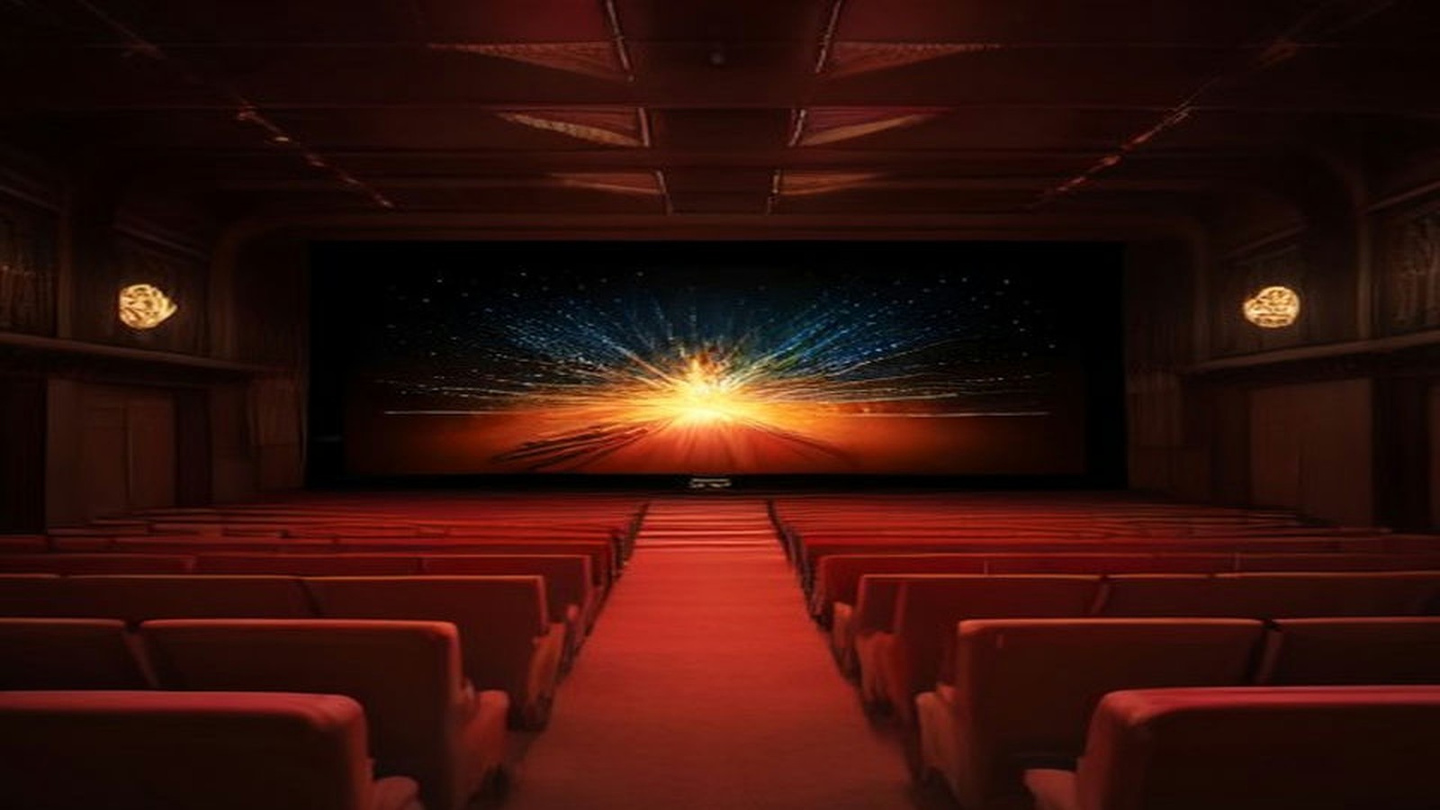 AI artwork of an empty art deco cinema auditorium with red velvet seats facing a giant screen bursting with golden light