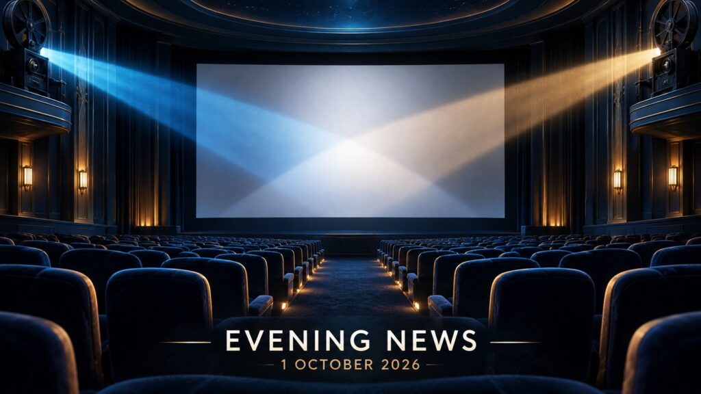 Original editorial illustration of two cinema projection beams meeting on a blank screen