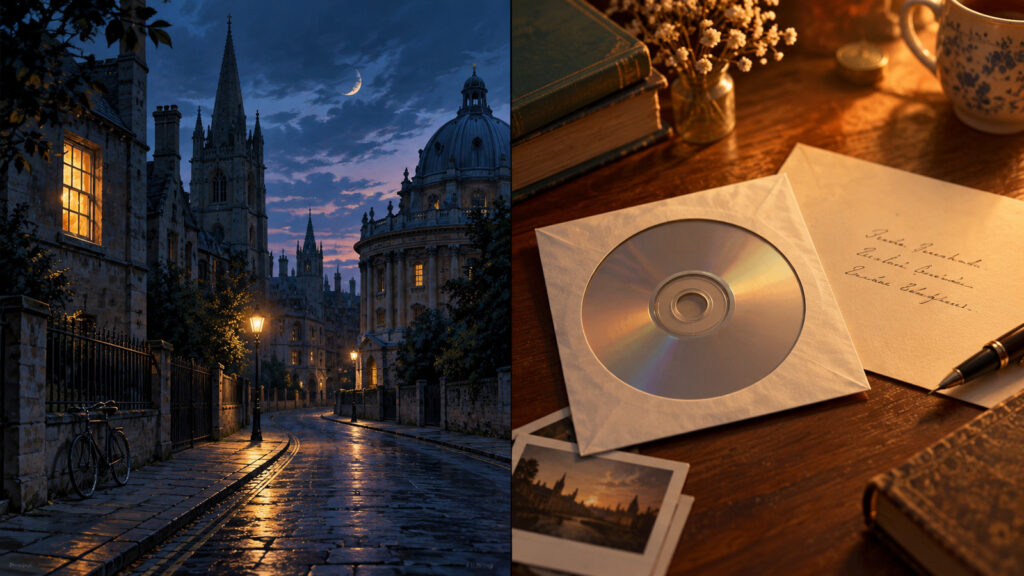 Symbolic split illustration of a university town at dusk and a DVD on a writing desk