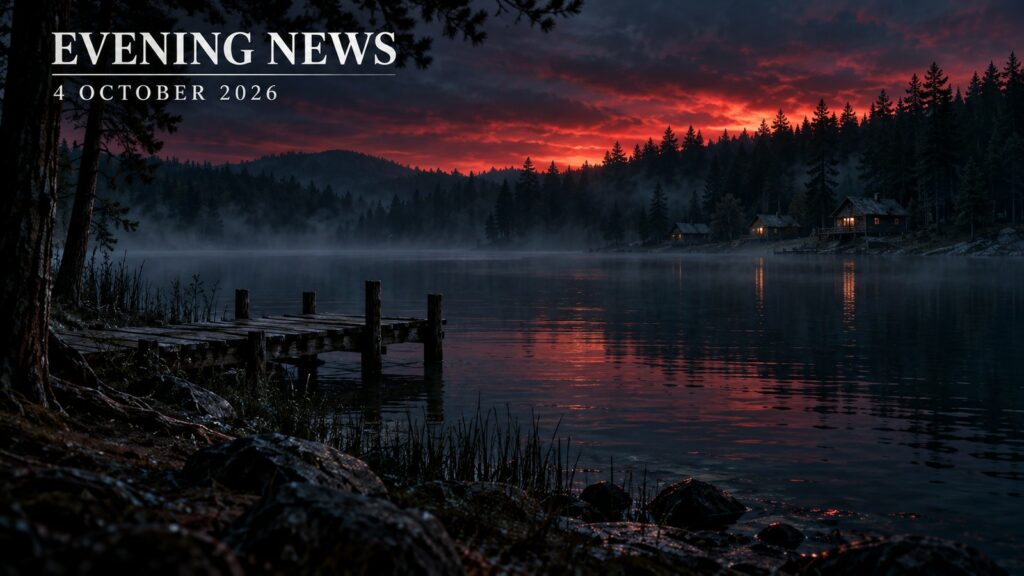 Original editorial illustration of a misty lake at dusk with Evening News and 4 October 2026 lettering