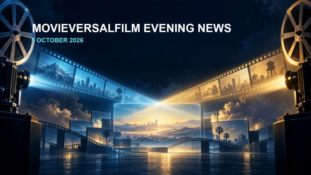Illustrated blue and gold cinema projection beams meeting above screens beneath the Evening News title