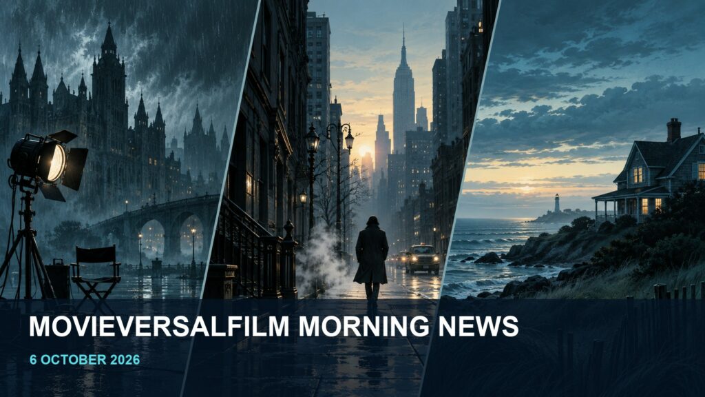 Illustrated gothic film set, New York street and coastal house beneath the Morning News title