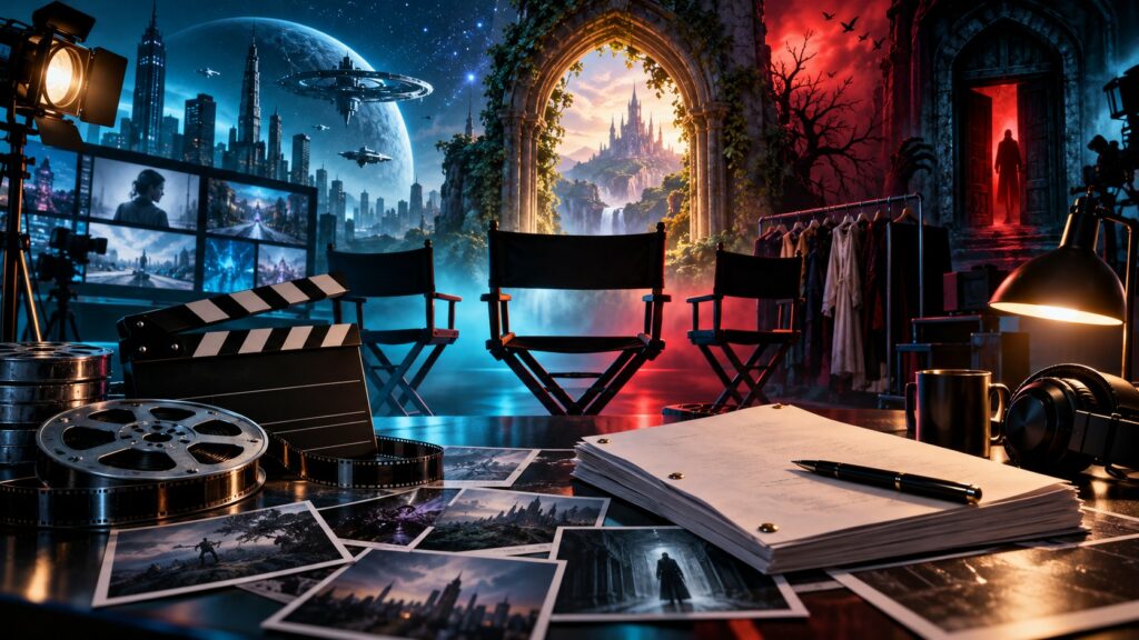 Cinematic entertainment newsroom blending film, television, science-fiction, fantasy and horror imagery