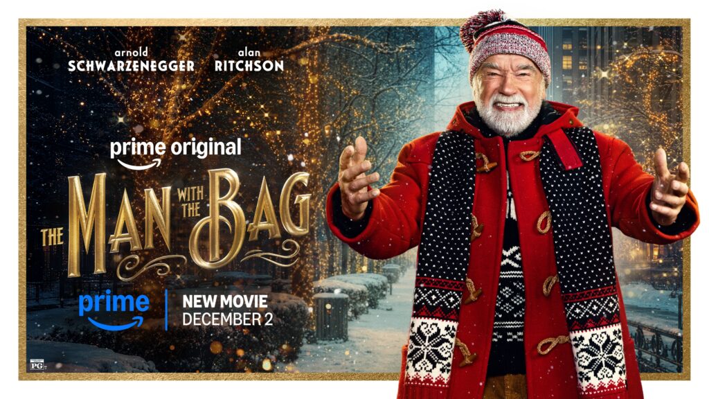 Official The Man With The Bag artwork featuring Arnold Schwarzenegger as Santa, with the film title and Prime Video’s 2 December release date.
