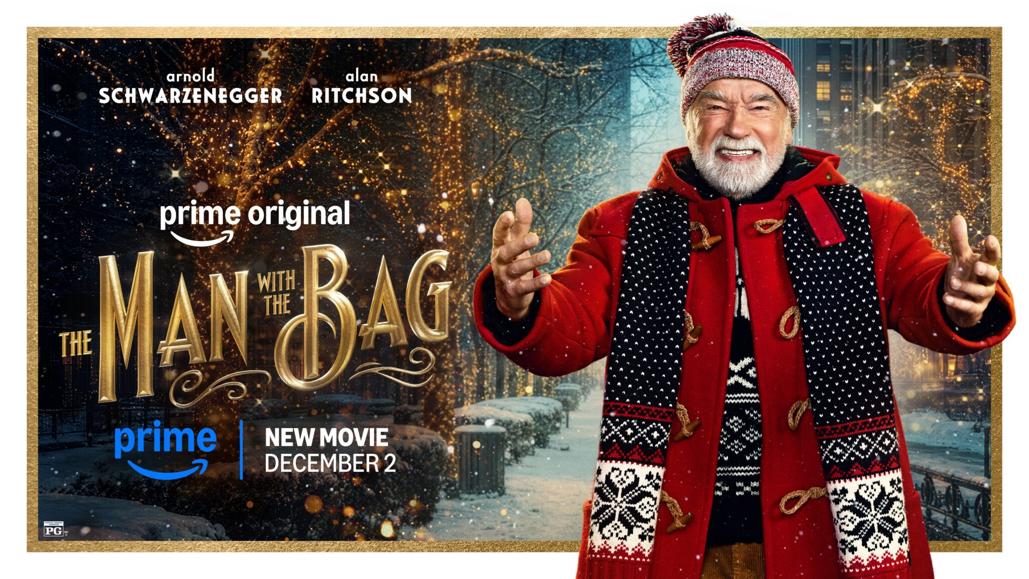 Official The Man With The Bag artwork featuring Arnold Schwarzenegger as Santa, with the film title and Prime Video’s 2 December release date.