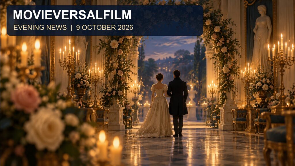 Original Regency-inspired illustration of two distant figures beneath a floral arch in a candlelit ballroom