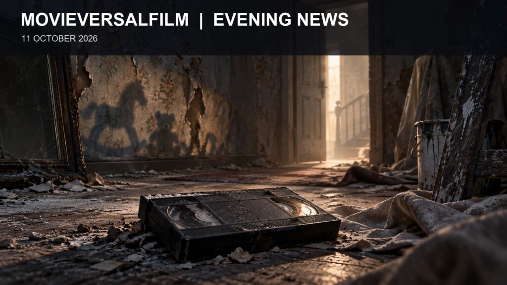 Original illustration of a VHS cassette on the floor of a derelict house, with light entering through a doorway
