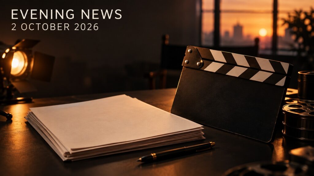 Original editorial illustration of a blank casting dossier and film clapperboard at sunset, labelled Evening News, 2 October 2026
