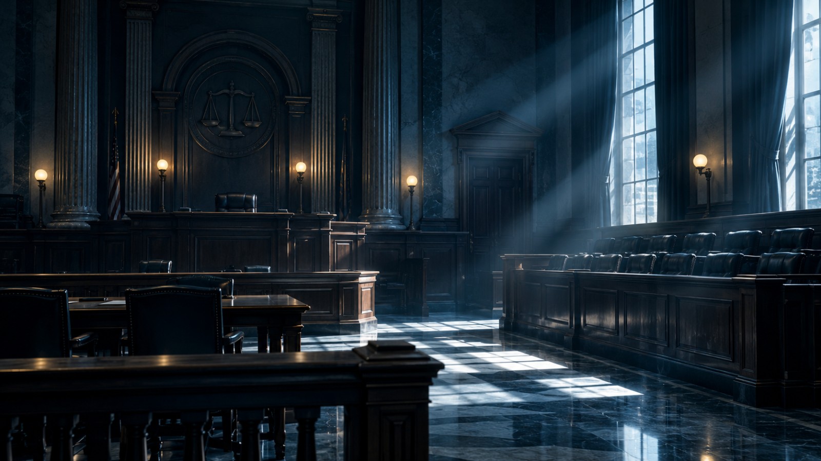 Original editorial illustration of an empty, blue-lit courtroom and jury box