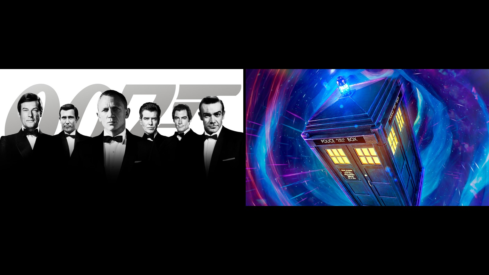 The six actors who have played James Bond, beside the TARDIS in official Doctor Who art