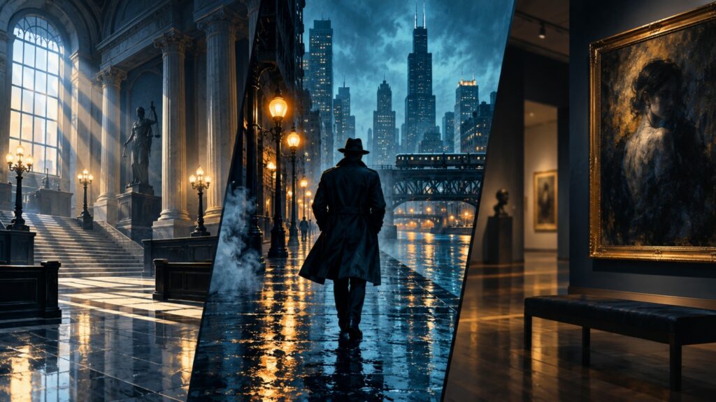 Original editorial triptych of a courthouse, a city detective and a shadowed gallery
