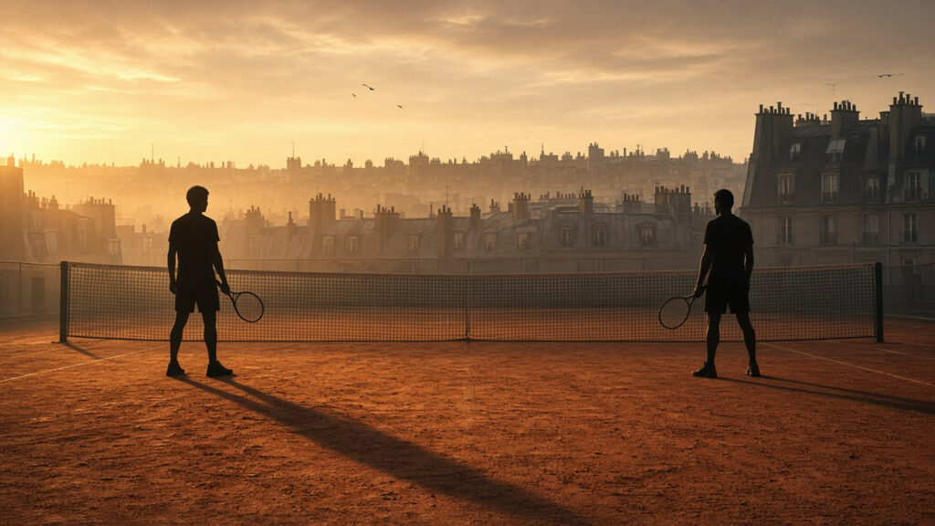 AI artwork of two silhouetted young tennis players facing each other across the net on a clay court at golden hour, with Paris rooftops beyond