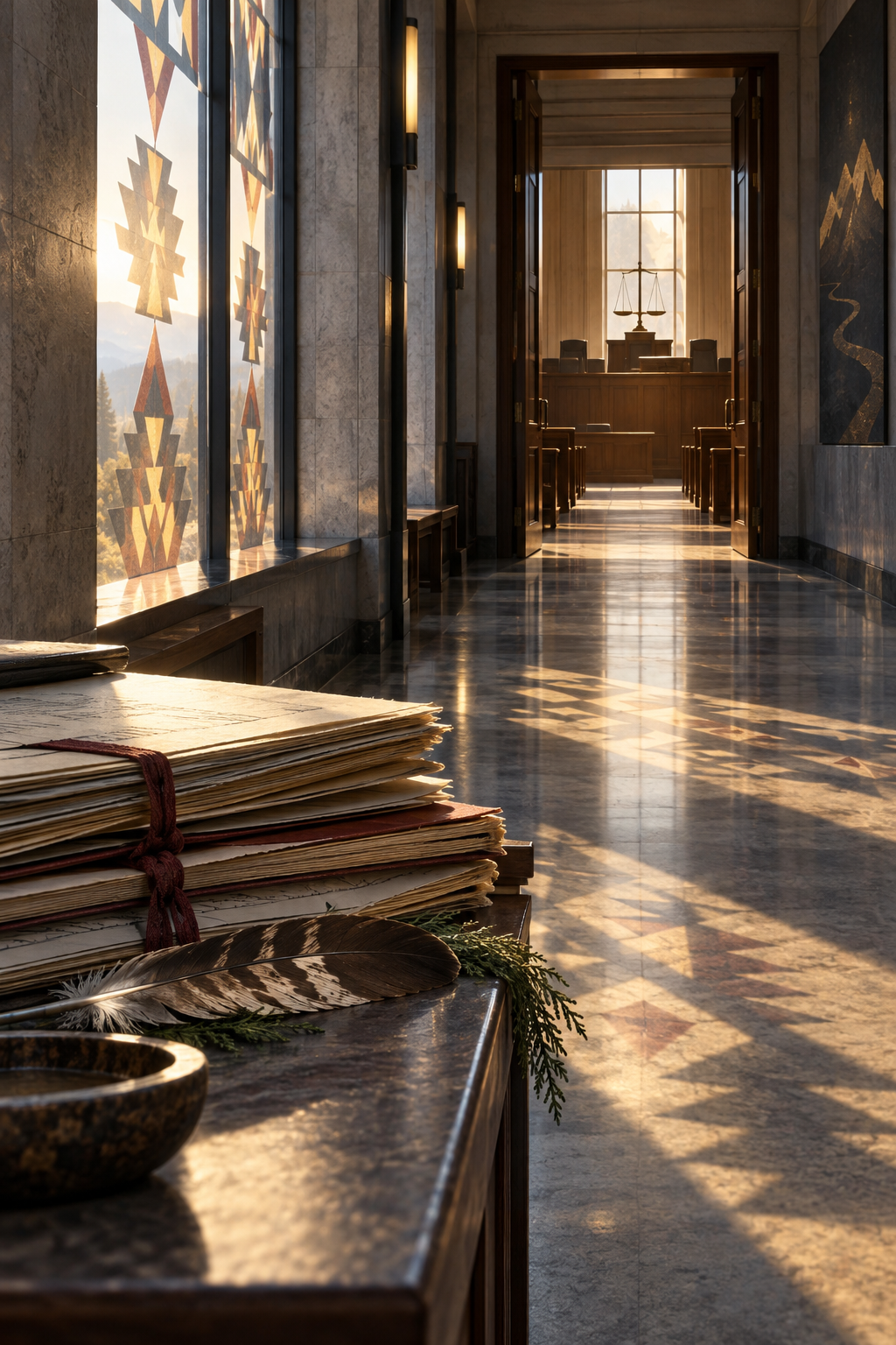 AI-created editorial illustration evoking Free Leonard Peltier through legal papers and a dignified courtroom corridor