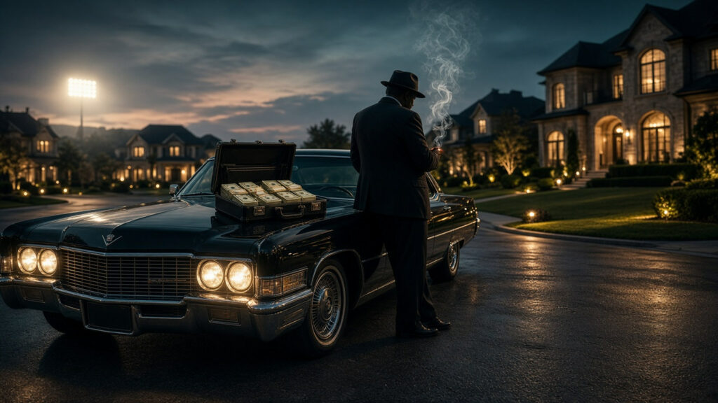 AI artwork of a sharply dressed man seen from behind leaning on a vintage black Cadillac in a glowing Texas suburban cul-de-sac at dusk, with stadium floodlights in the distance