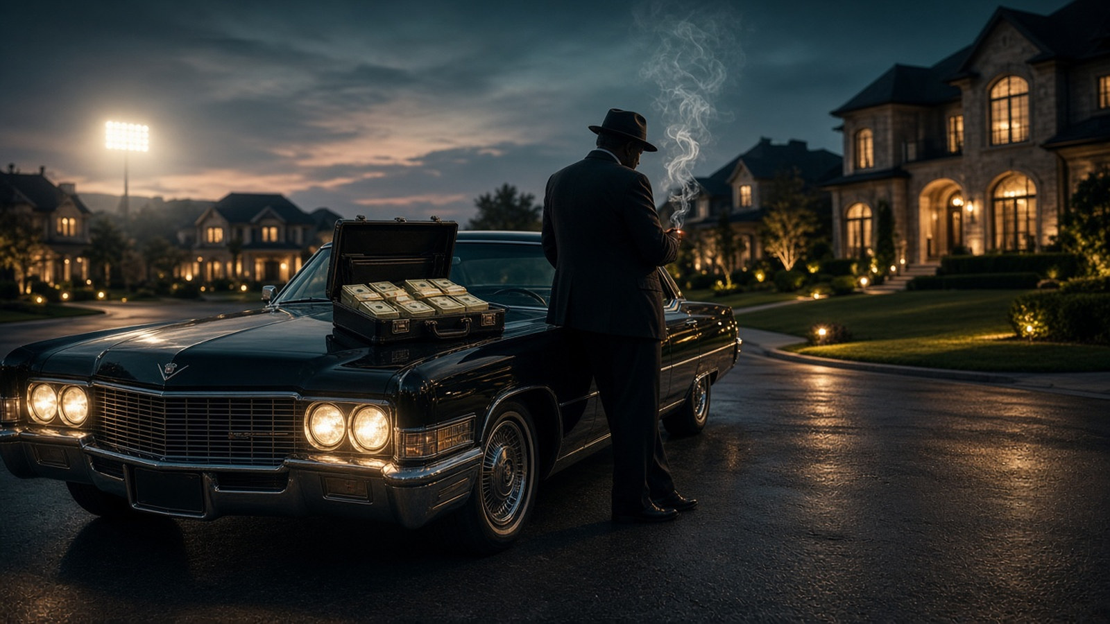 AI artwork of a sharply dressed man seen from behind leaning on a vintage black Cadillac in a glowing Texas suburban cul-de-sac at dusk, with stadium floodlights in the distance