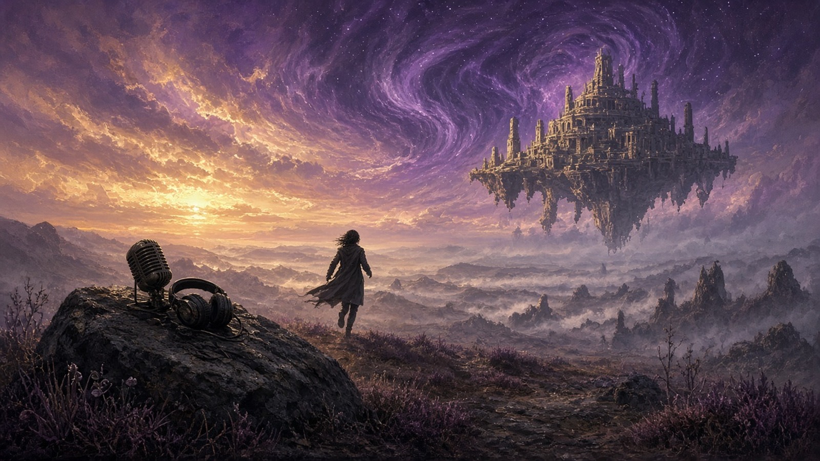 AI artwork of a lone traveller on a heather-covered hillside watching a vast floating temple drift through a swirling violet sky