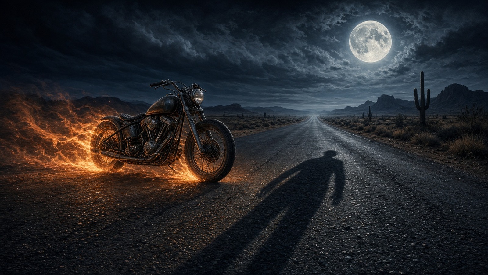 AI artwork of a motorcycle with flaming wheels on a desert highway under a full moon, a long shadow stretching across the road