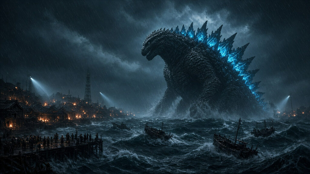 AI artwork of a colossal reptilian monster with glowing blue dorsal spines rising from a stormy sea beside a lantern-lit 1940s harbour town, as small wooden boats are tossed by waves and crowds watch from a pier