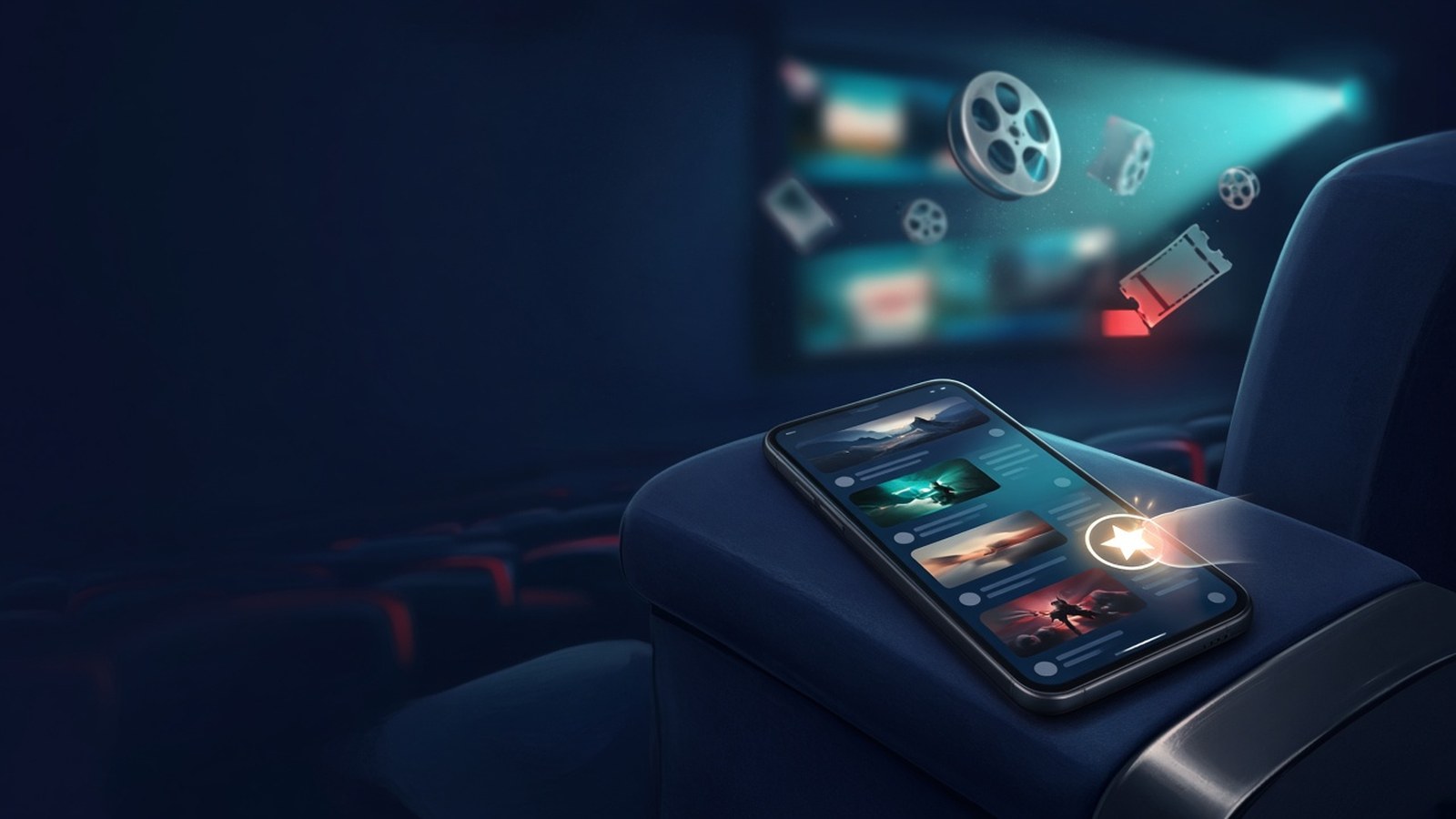 AI artwork: a smartphone on a cinema seat armrest showing a film news feed, with a star icon being tapped and film reels floating towards a glowing screen