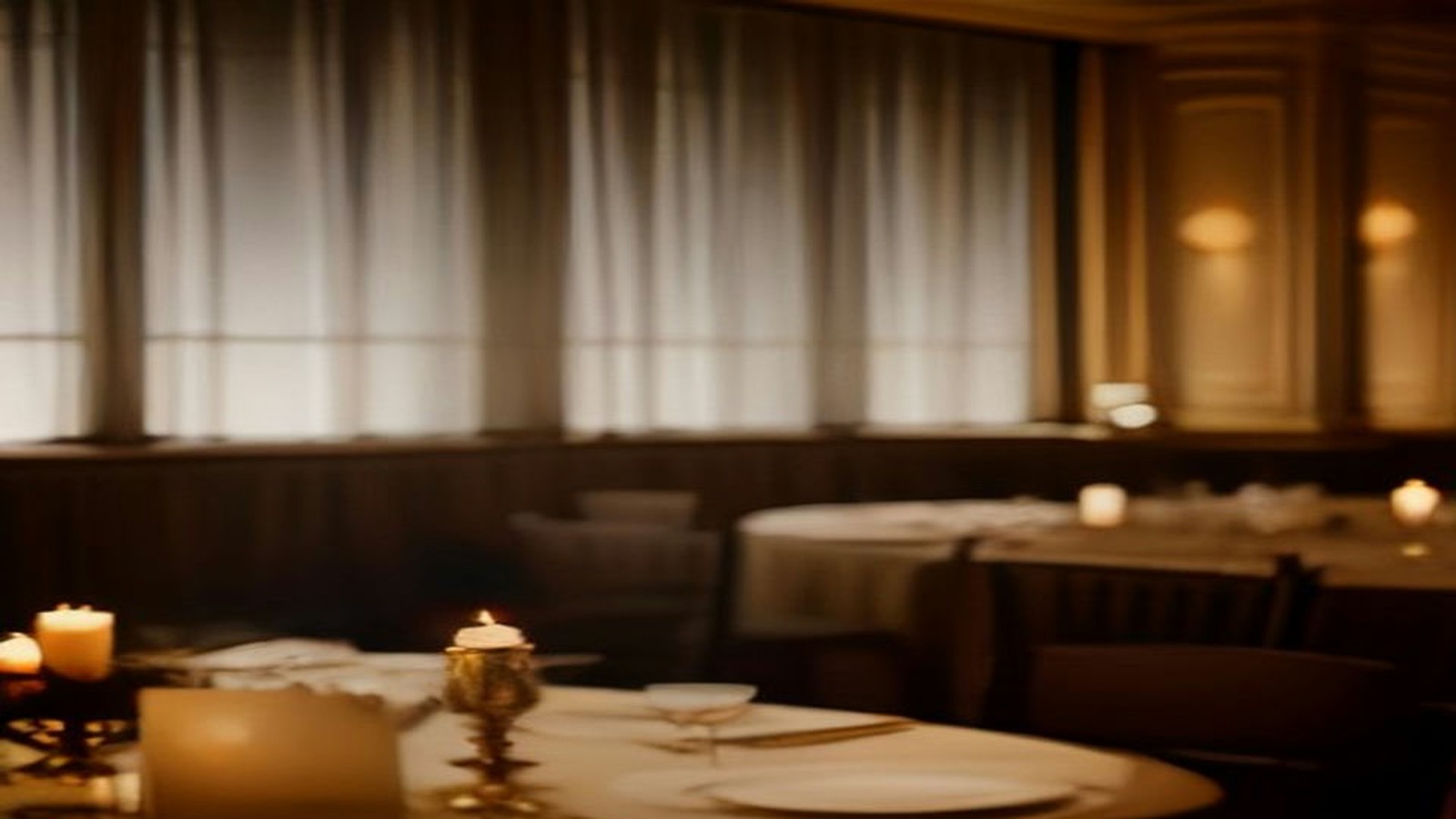 AI artwork of a candlelit awards dinner in a grand ballroom with white tablecloths and tall curtained windows