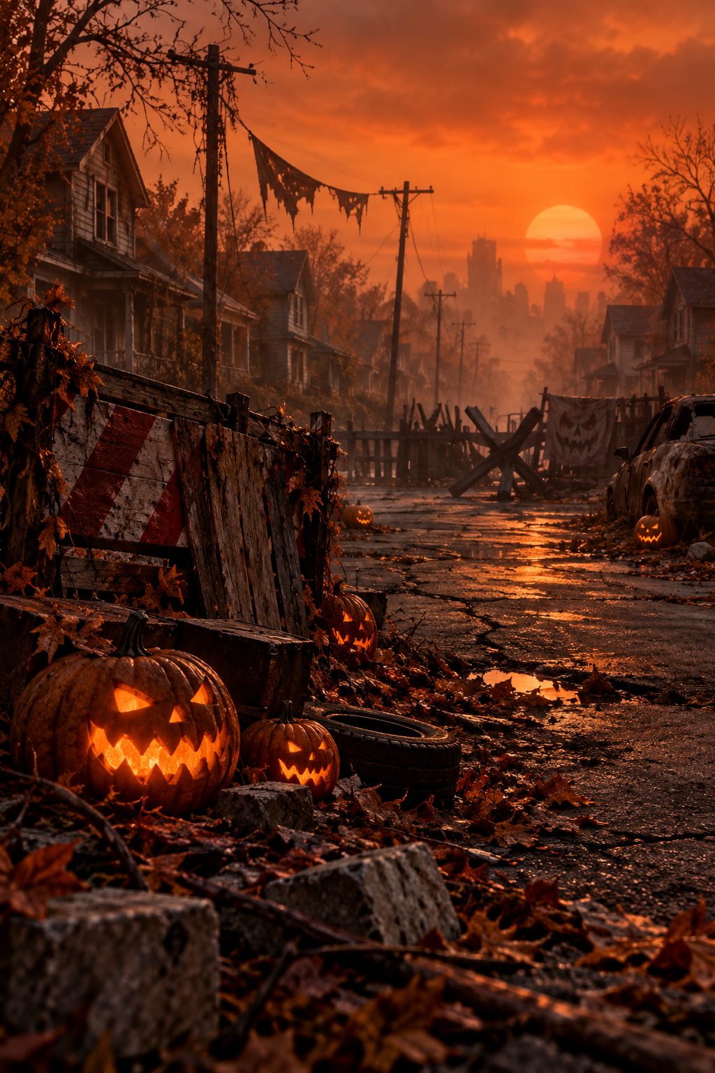 AI-created editorial illustration evoking Hallowarrior through an abandoned Halloween street and improvised barricades