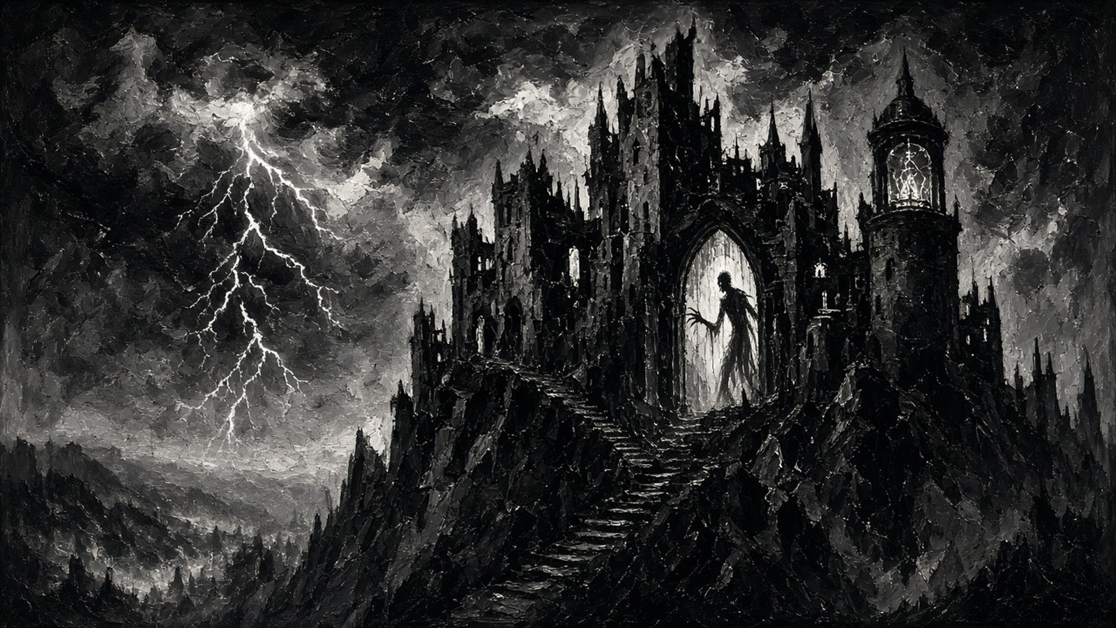 Black-and-white AI artwork of a jagged Gothic castle on a craggy hill under lightning, with a thin shadowy figure in an arched doorway