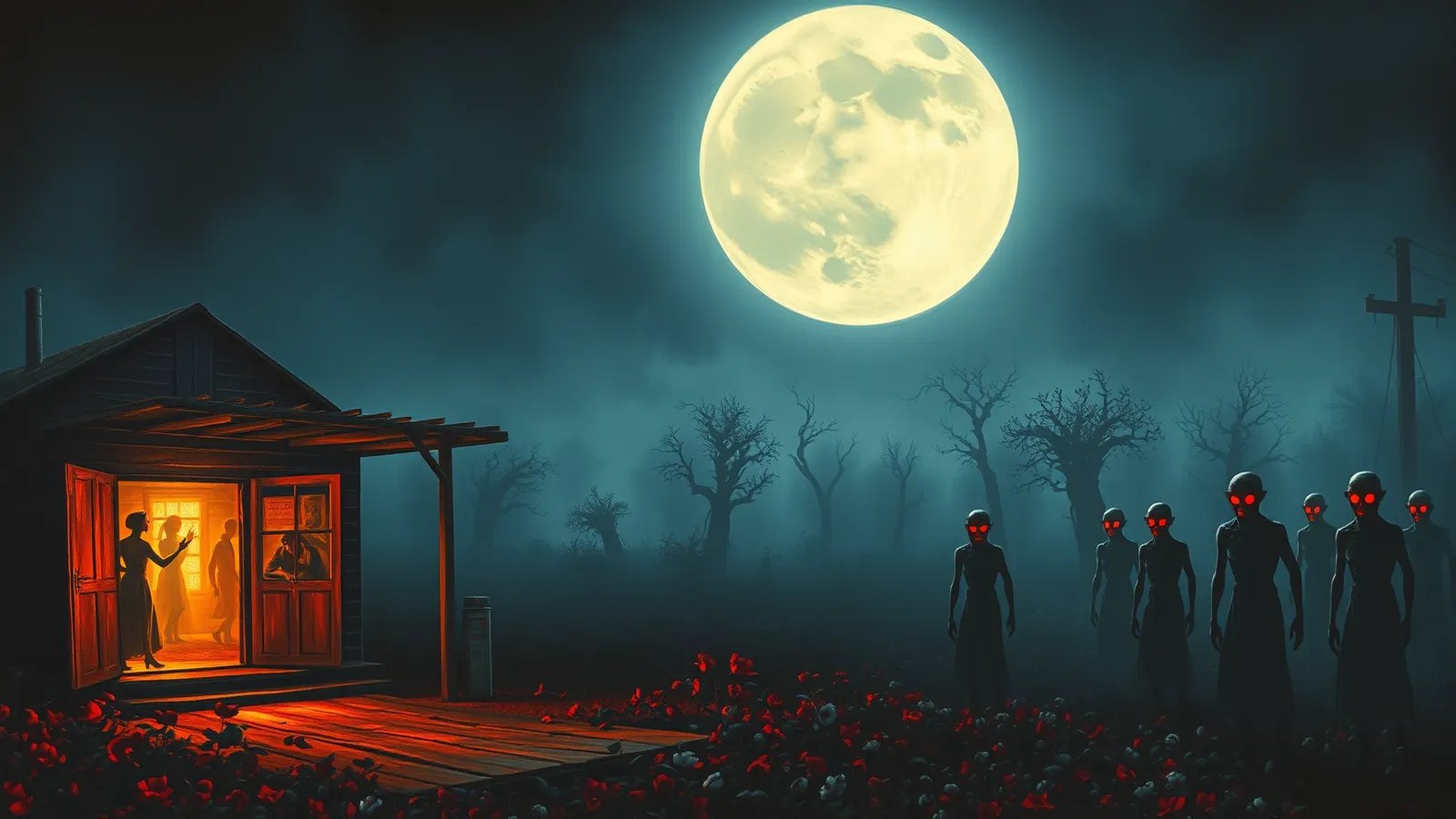 AI artwork of a wooden juke joint in the 1930s Mississippi Delta at night, its doorway glowing with dancers, while pale figures with glowing red eyes gather in the misty fields under a full moon